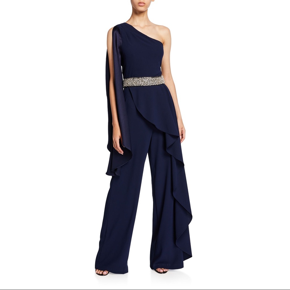 Size 6 Alice + Olivia Blue Venita One-shoulder Draped Embellished Jumpsuit